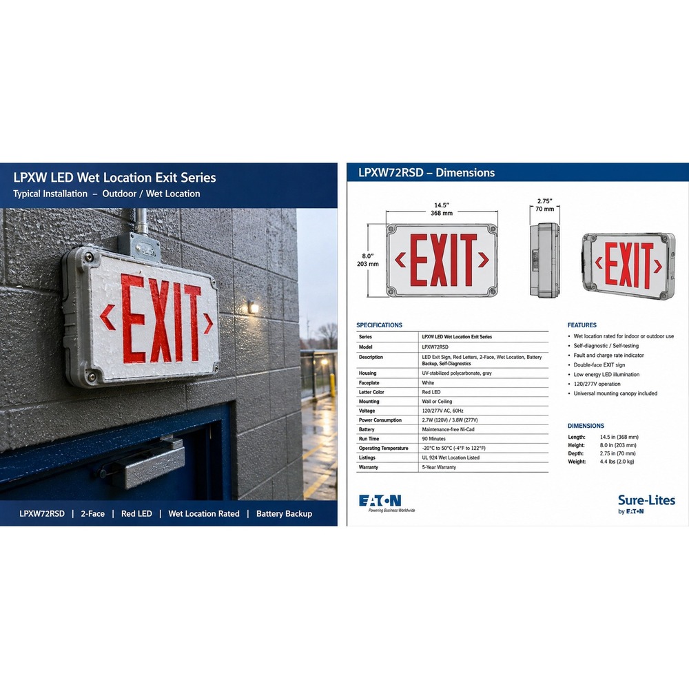 Eaton Sure-Lites LPXW72RSD LED Exit Sign Red 2-Face Weatherproof Battery‎ Backup - Picture 2 of 3